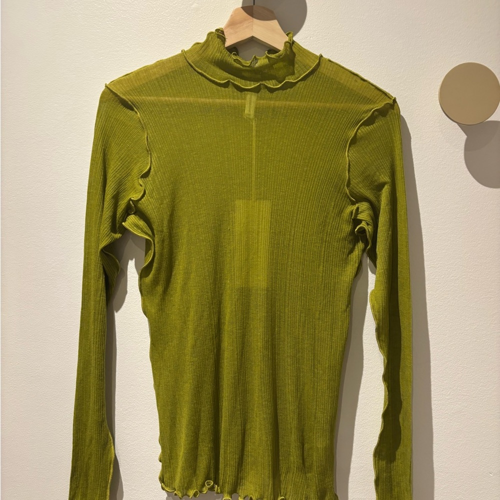 Eliza Faulkner Wool Blend Olive Green Ruffled Mock Neck Long Sleeve Top